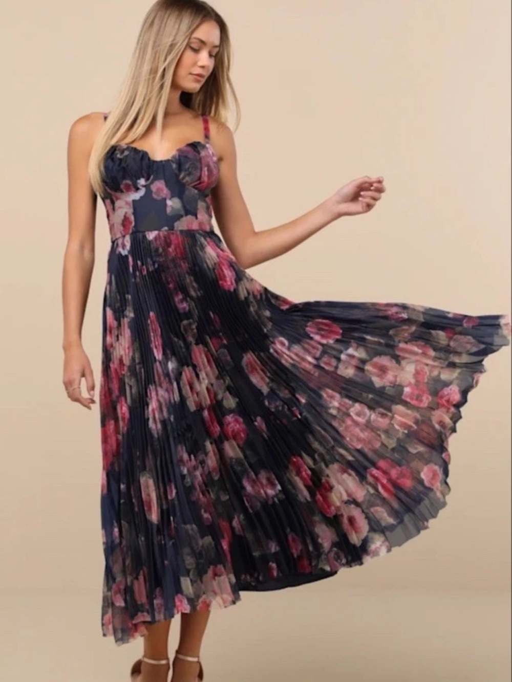 Lulu's Navy Floral Pleated Midi Dress with Pink Blooms